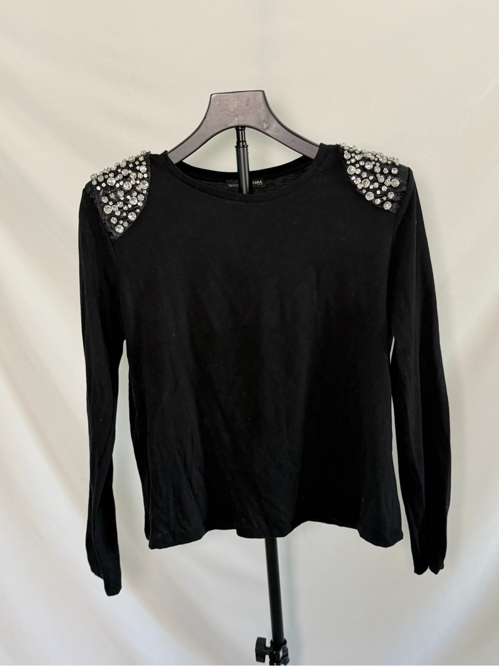 Zara Black Long-Sleeve Tee with Embellished Shoulders - Size M